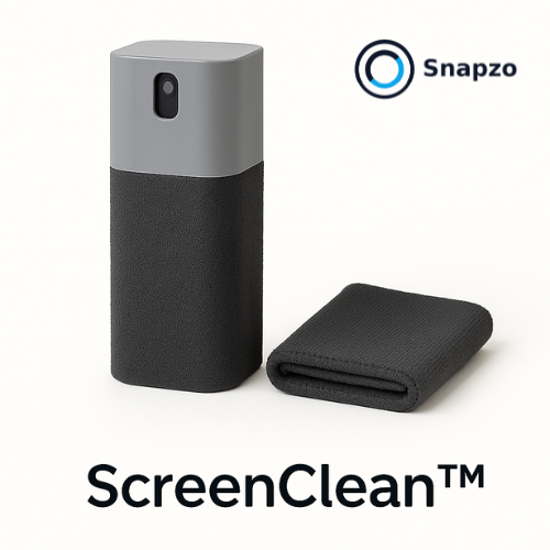 ScreenClean™ schermreinigingsset met spray en microvezeldoek.